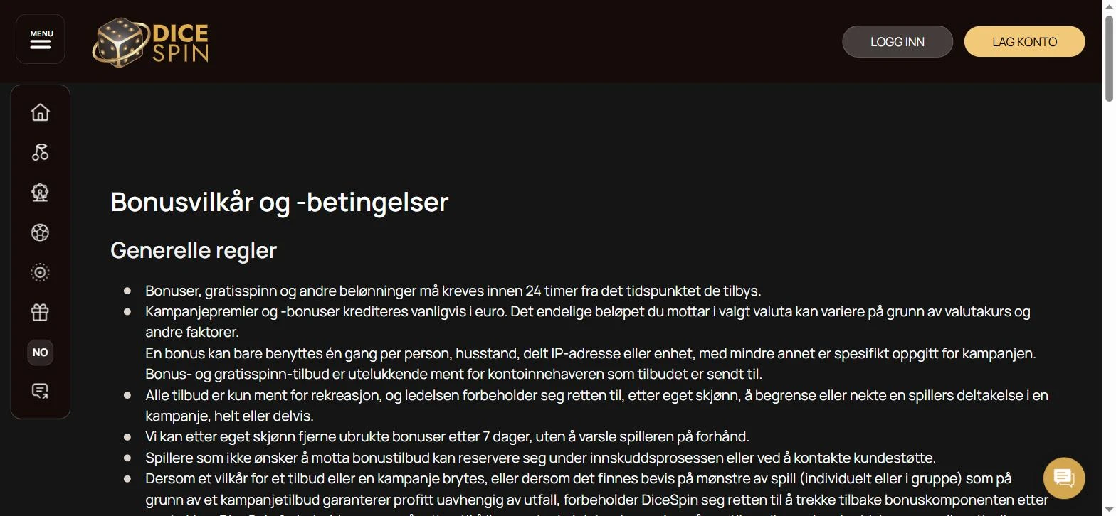 Siden med bonusvilkår på dicespin.com, toppen med generelle regler