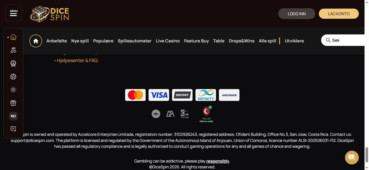Bunnteksten på dicespin.com med betalingslogoer og lisensmerket, slik DiceSpin selv oppgir det