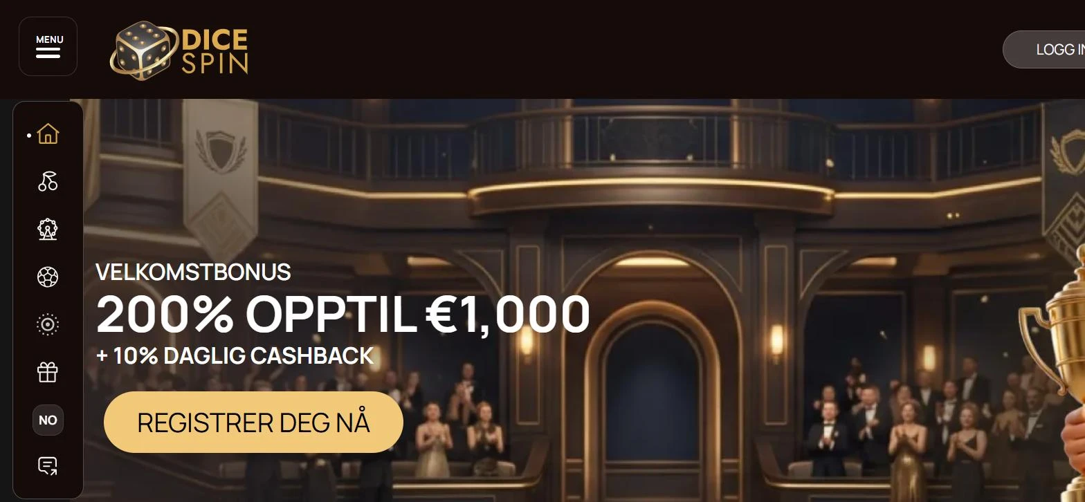 DiceSpin sin norske forside med velkomstbonusen i hero-banneret