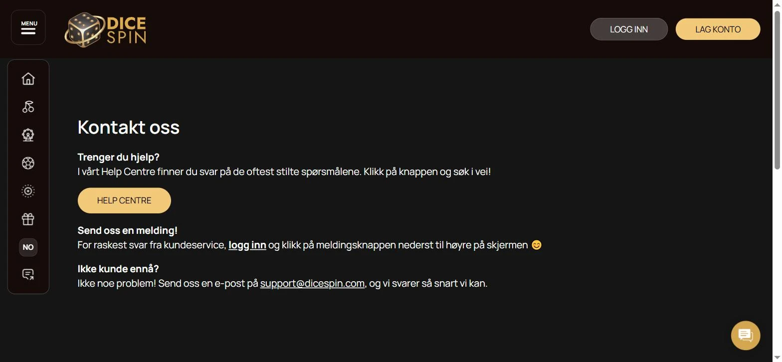 DiceSpin sin kontaktside med Help Centre-knapp og support-e-post