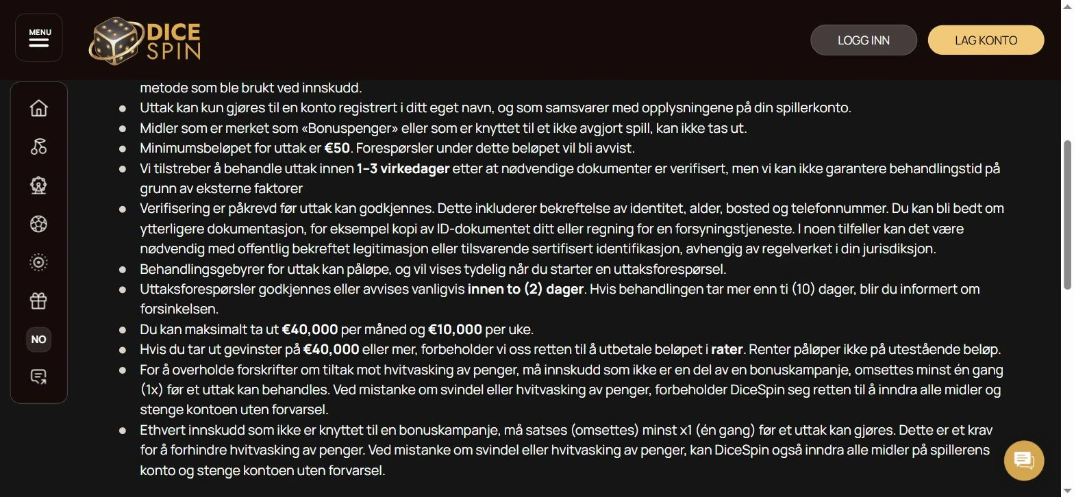 Betalingspolicy-siden på dicespin.com, avsnittet om uttak